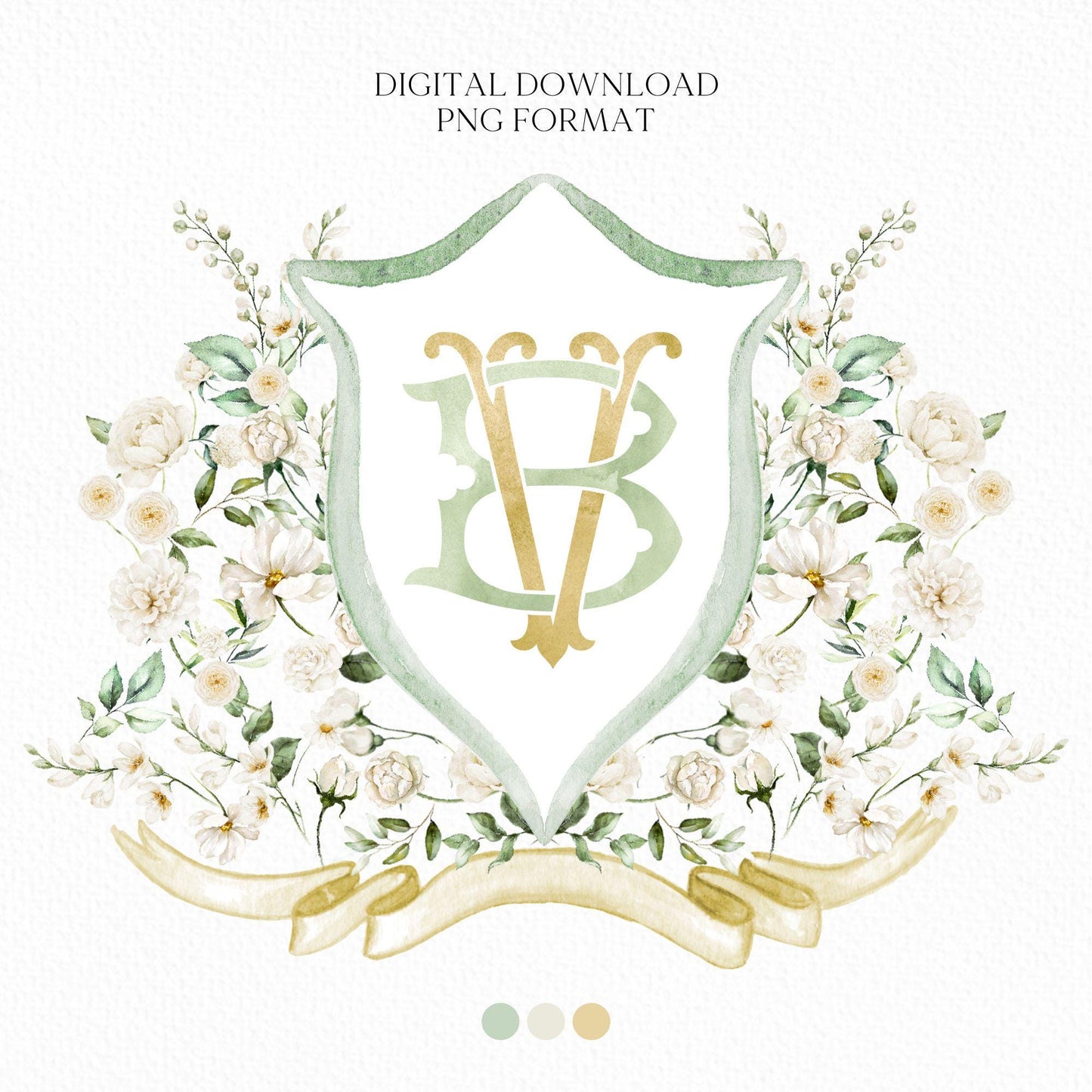 White Rose Greenery White Flower Wedding Crest - Monogram Crest - White Floral Watercolor Wedding Crest - Romantic Wedding Crest