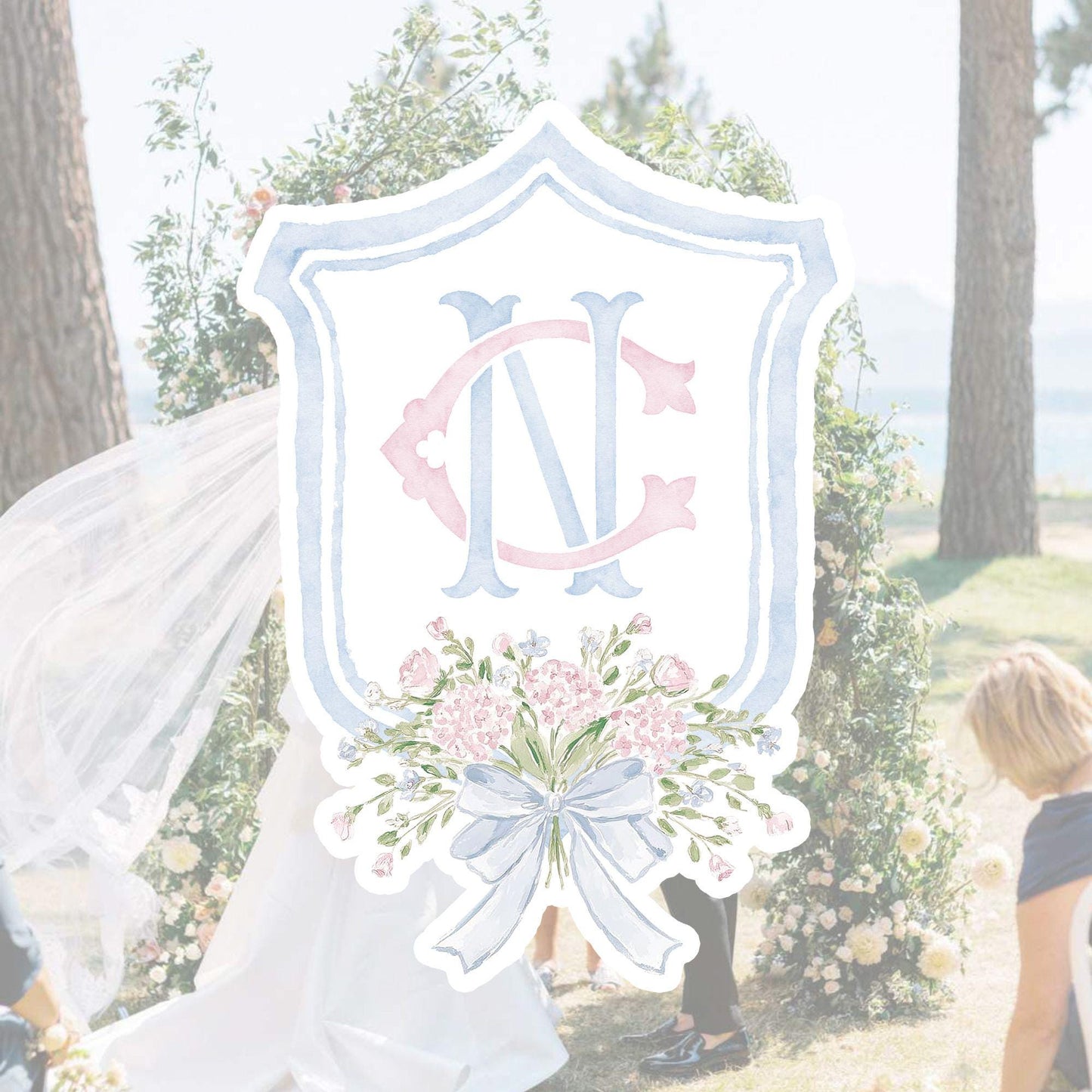 Hydrangea Pink Green Floral Wedding Crest - Monogram Crest - Green Baby's Breath Hydrangea Floral Luxury Watercolor Wedding Crest