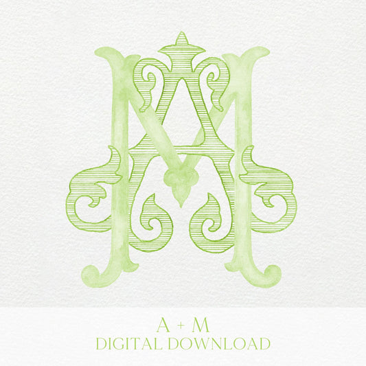 Watercolor Wedding Monogram AM – Classic Letter Crest (Digital Download)