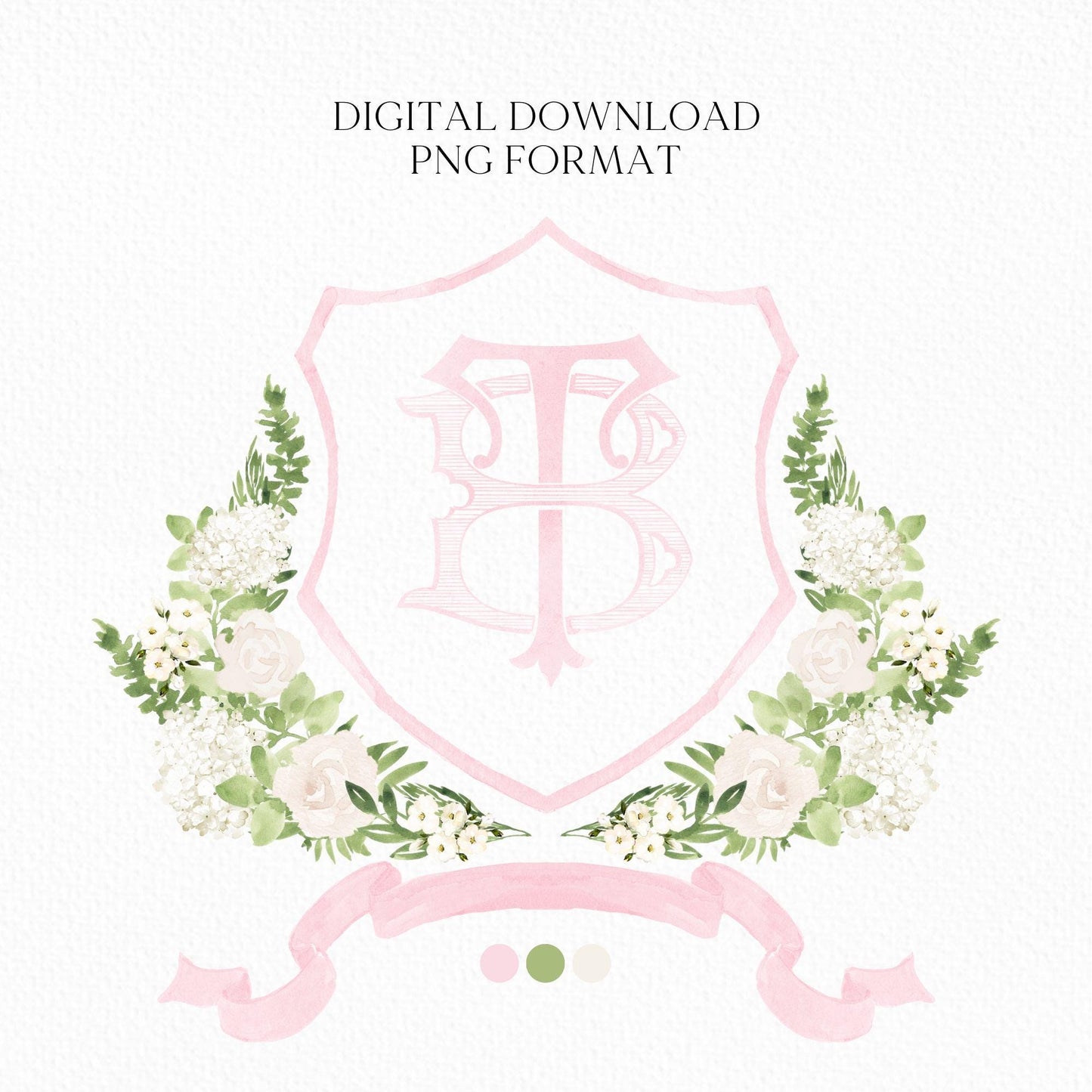 White Rose Greenery White Hydrangea Flower Wedding Crest - Monogram Crest - White Floral Watercolor Wedding Crest - Romantic Wedding Crest