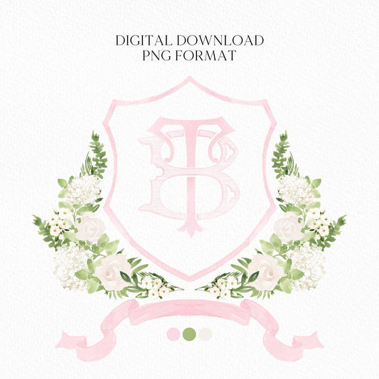 White Rose Greenery White Hydrangea Flower Wedding Crest - Monogram Crest - White Floral Watercolor Wedding Crest - Romantic Wedding Crest