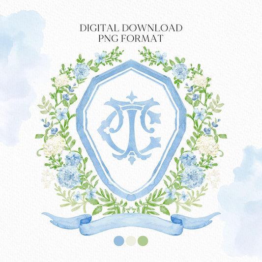 Hydrangea Flower Wedding Crest - Monogram Crest - Hydrangea Floral Luxury Watercolor Wedding Crest - Romantic Wedding Crest- Boho Hydrangea