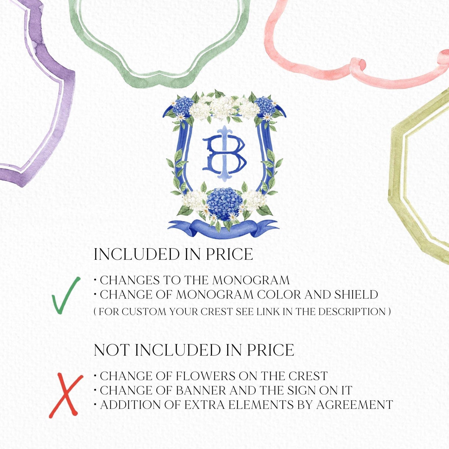 Hydrangea Flower Wedding Crest - Monogram Crest - Hydrangea Floral Luxury Watercolor Wedding Crest - Romantic Wedding Crest- Boho Hydrangea