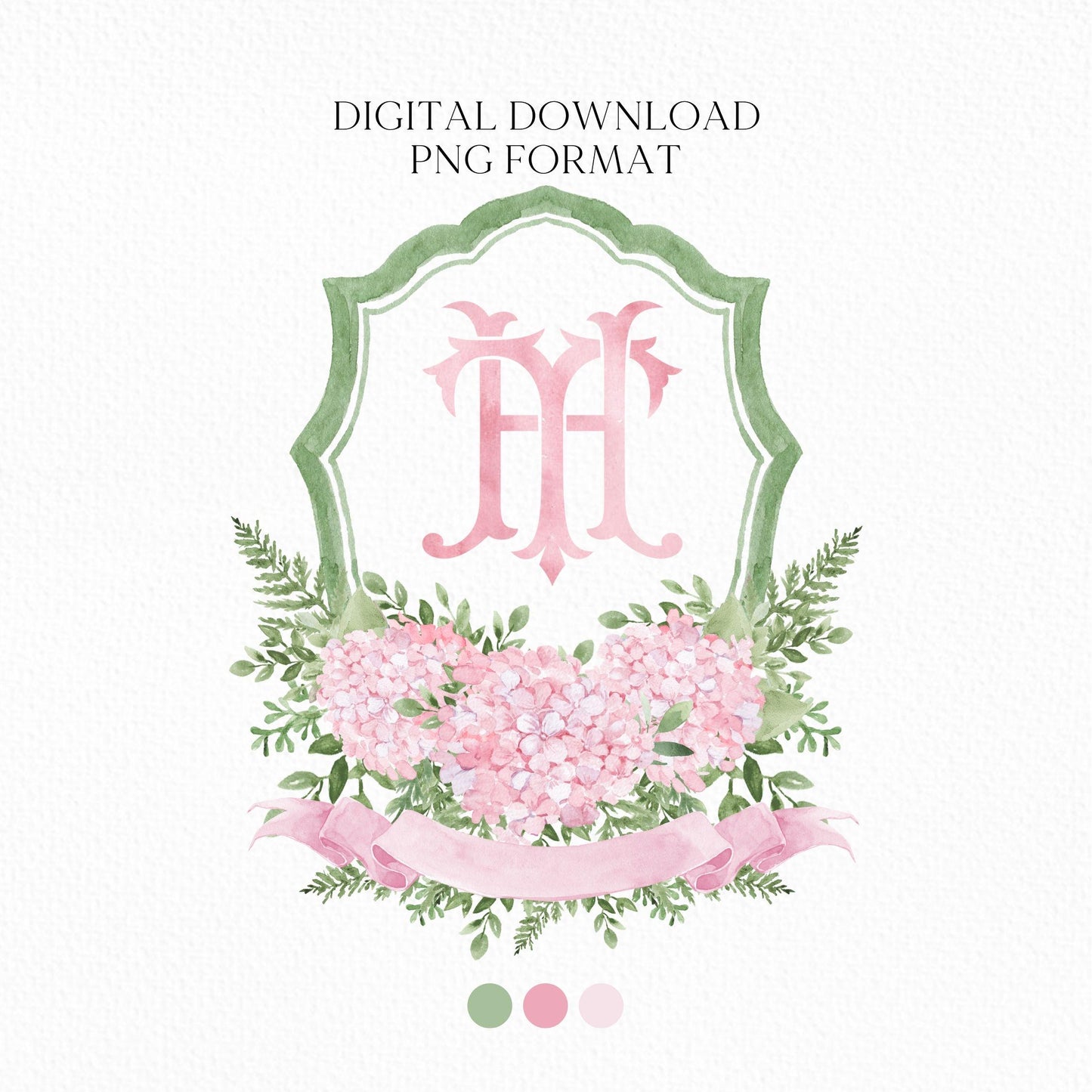 Pink Hydrangea Flower Greenery Wedding Crest - Monogram Crest - Hydrangea Floral Luxury Watercolor Wedding Crest - Romantic Wedding Crest