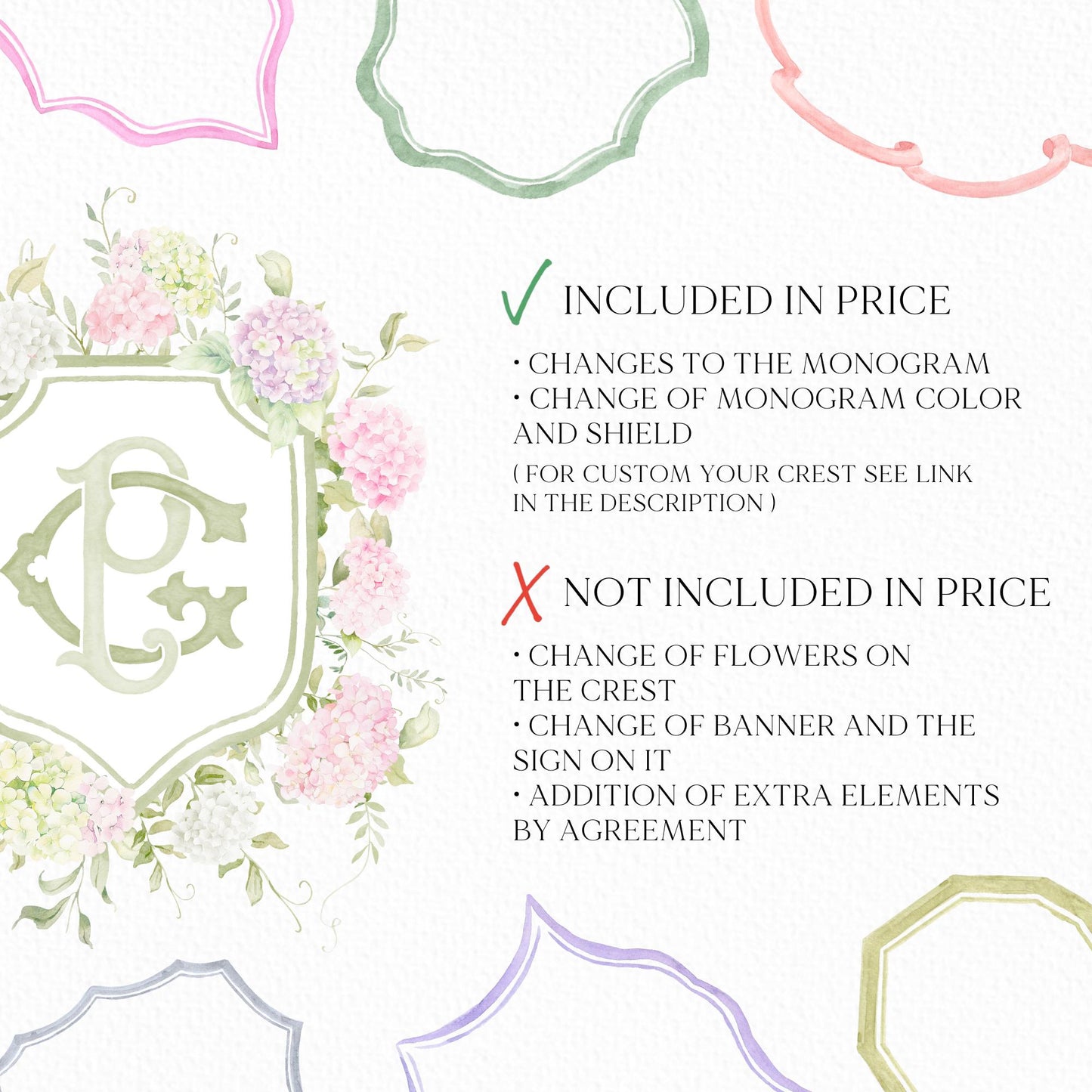 Blue White Pink Hydrangea Flower Wedding Crest - Monogram Crest - Pastel Color Hydrangea Floral Luxury Watercolor Wedding Crest