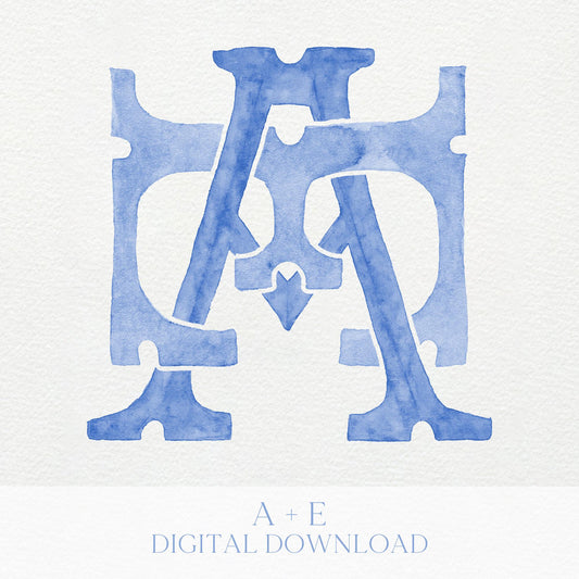 Watercolor Wedding Monogram AE  - EA Classic Monogram - Digital Download - 2 Letter Monogrammed - Custom Watercolor Wedding Crest