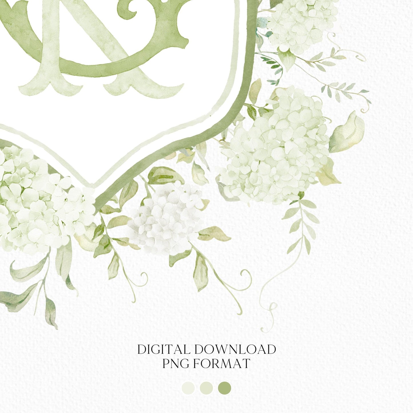 Light Green Hydrangea Flower Wedding Crest - Monogram Crest - Hydrangea White Floral Luxury Watercolor Wedding Crest