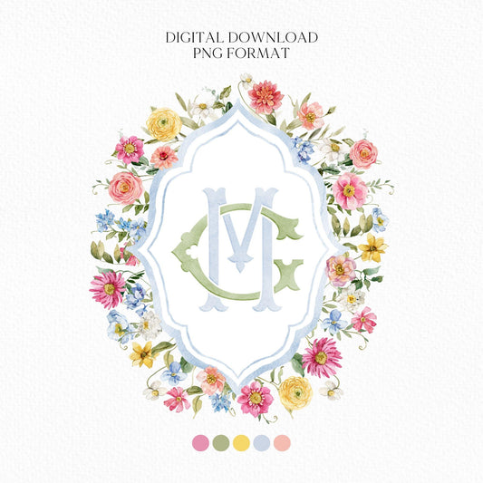 Wildflowers Bright Floral Colorful Watercolor Wedding Crest - Monogram Crest - Floral Watercolor Wedding Crest - Romantic Wedding Crest