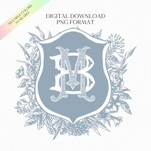 Vintage Blue Botanicals Wedding Crest - Monogram Crest