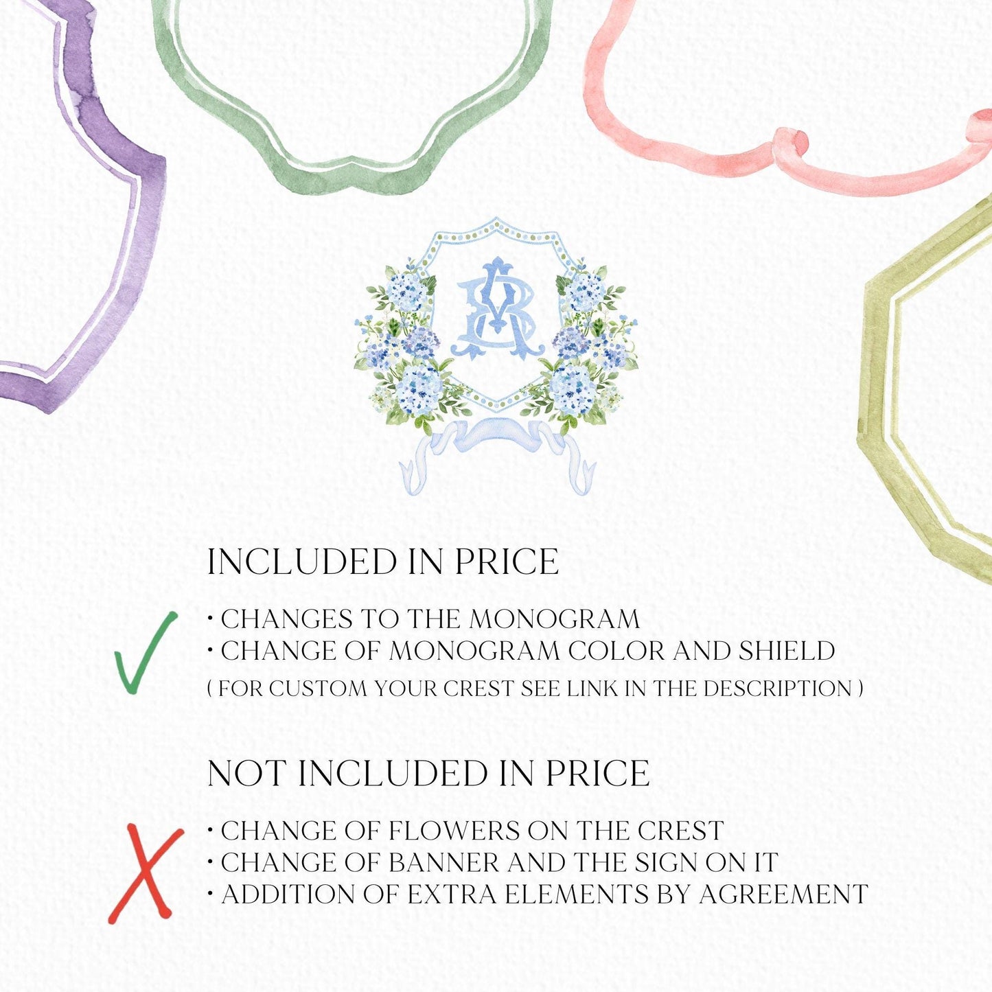 Hydrangea Flower Wedding Crest - Monogram Crest - Hydrangea Floral Luxury Watercolor Wedding Crest - Romantic Wedding Crest- Boho Hydrangea