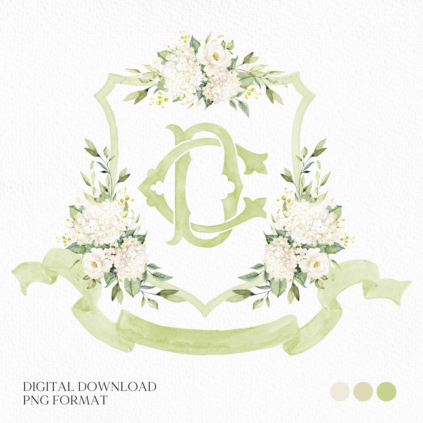White Hydrangea Flower Wedding Crest - Monogram Crest - Hydrangea Floral Luxury Watercolor Wedding Crest - Romantic Wedding Crest