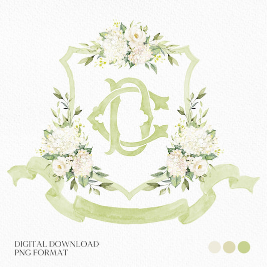 White Hydrangea Flower Wedding Crest - Monogram Crest - Hydrangea Floral Luxury Watercolor Wedding Crest - Romantic Wedding Crest