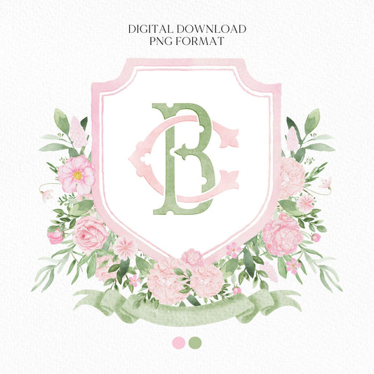 Roses Bouquets Flower Wedding Crest - Monogram Crest - Pink Peony Delicate Summer Floral Watercolor Wedding Crest - Romantic Wedding Crest