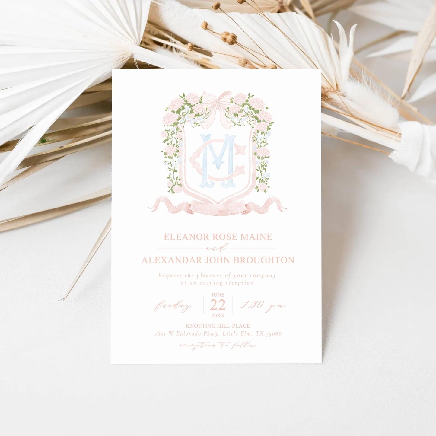 Hydrangea Pink Green Floral Wedding Crest - Monogram Crest - Green Baby's Breath Hydrangea Floral Luxury Watercolor Wedding Crest