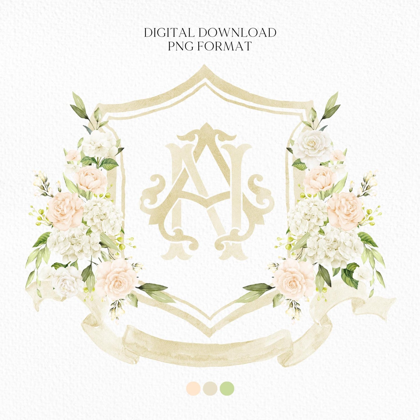 White Hydrangea Flower Wedding Crest - Monogram Crest - Peony Blush Rose Hydrangea Floral Luxury Watercolor Wedding Crest