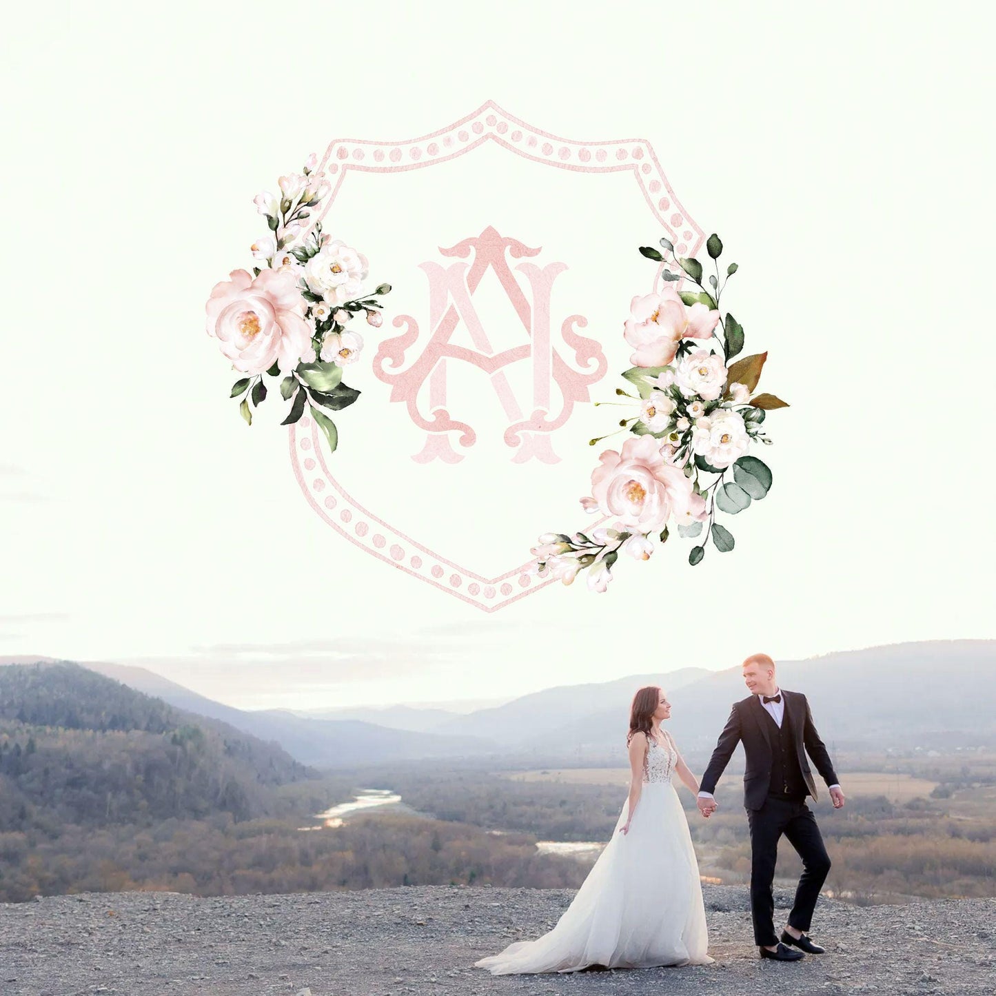 Roses Blush Pink Floral Rustic Flower Wedding Crest - Monogram Crest - Roses Pink Floral Watercolor Wedding Crest - Romantic Wedding Crest