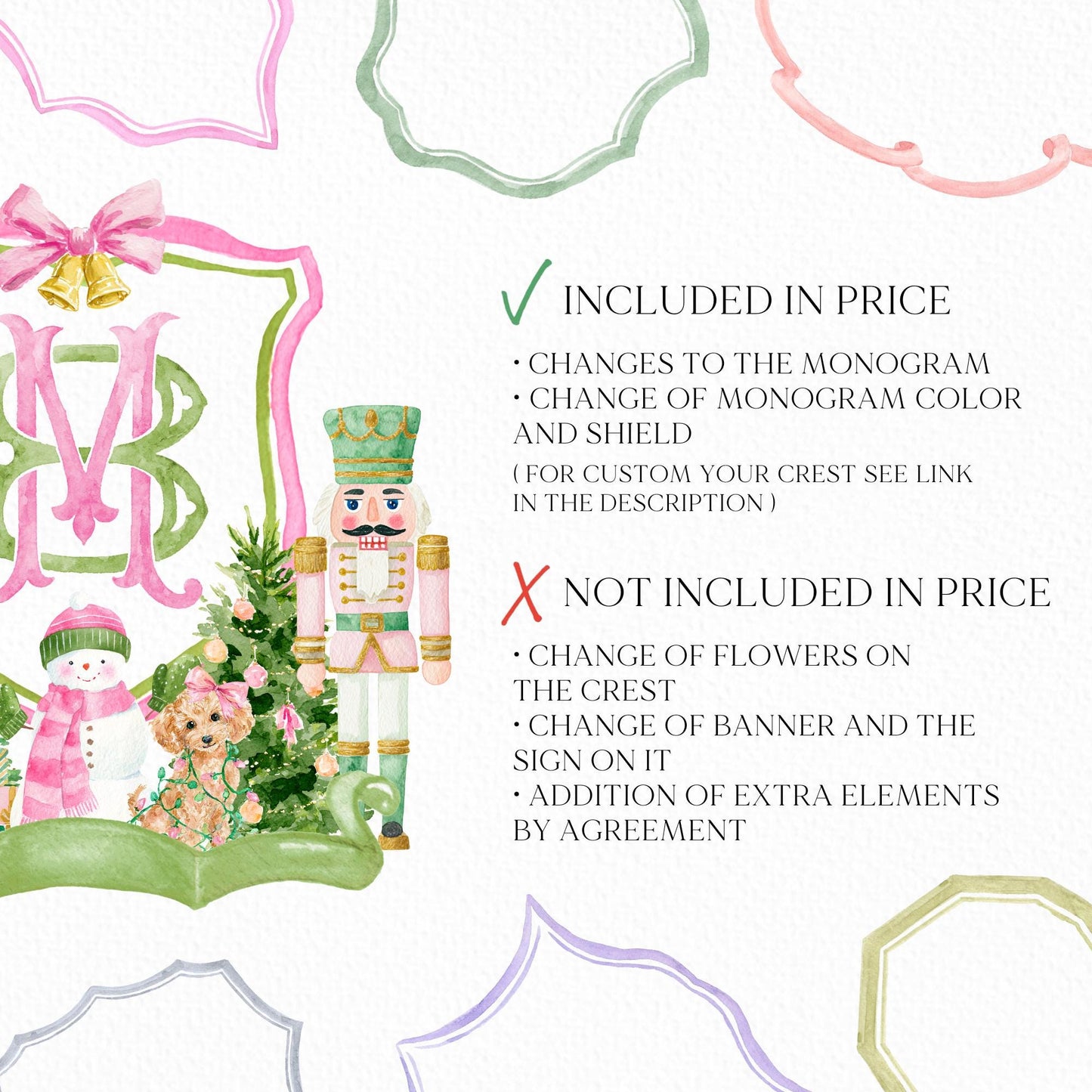 Custom Christmas Wedding Crest - Monogram Crest - Nutcracker Pink Floral Watercolor Wedding Crest - Winter Christmas Wedding Crest