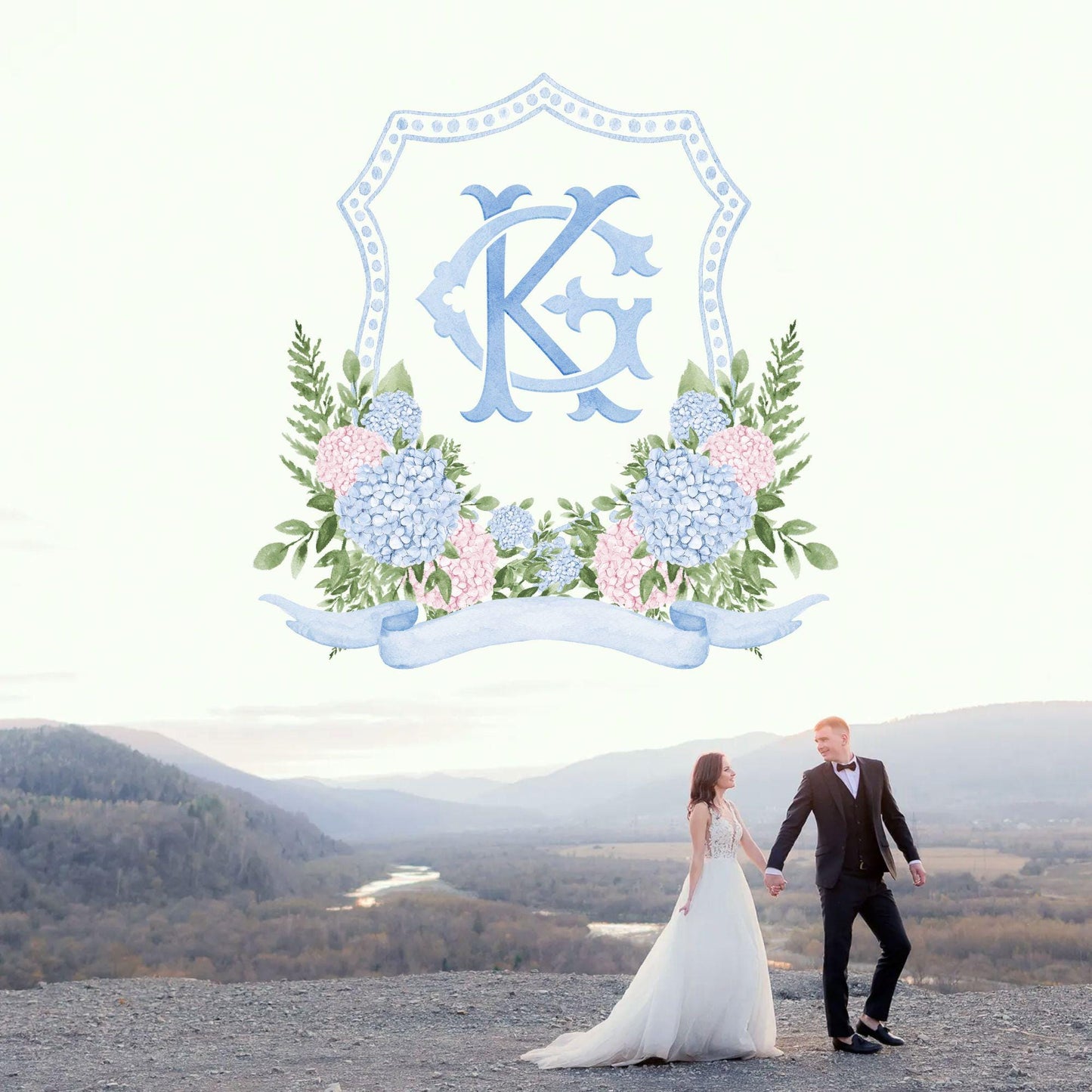 Blue Hydrangea Flower Wedding Crest - Monogram Crest - Eucalyptus Greenery Floral Luxury Watercolor Wedding Crest - Romantic Wedding Crest