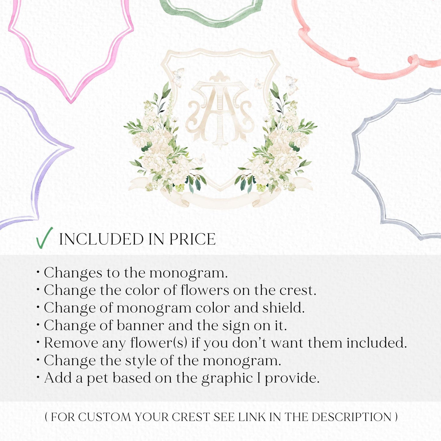 Hydrangea White Greenery Flower Wedding Crest - Monogram Crest - Hydrangea White Floral Watercolor Wedding Crest Romantic Wedding Crest