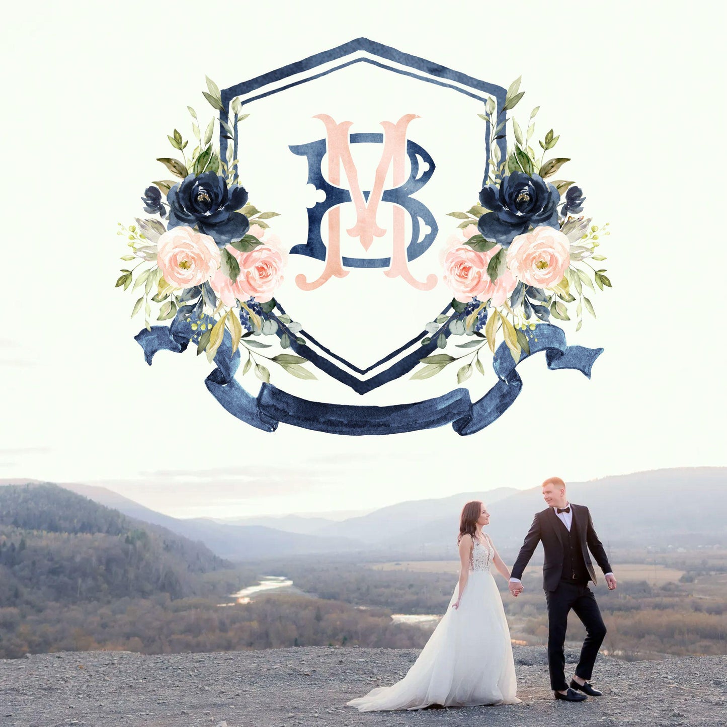 Blush Pink & Navy Floral Watercolor Wedding Crest - Monogram Crest - Navy Floral Luxury Watercolor Wedding Crest - Romantic Wedding Crest