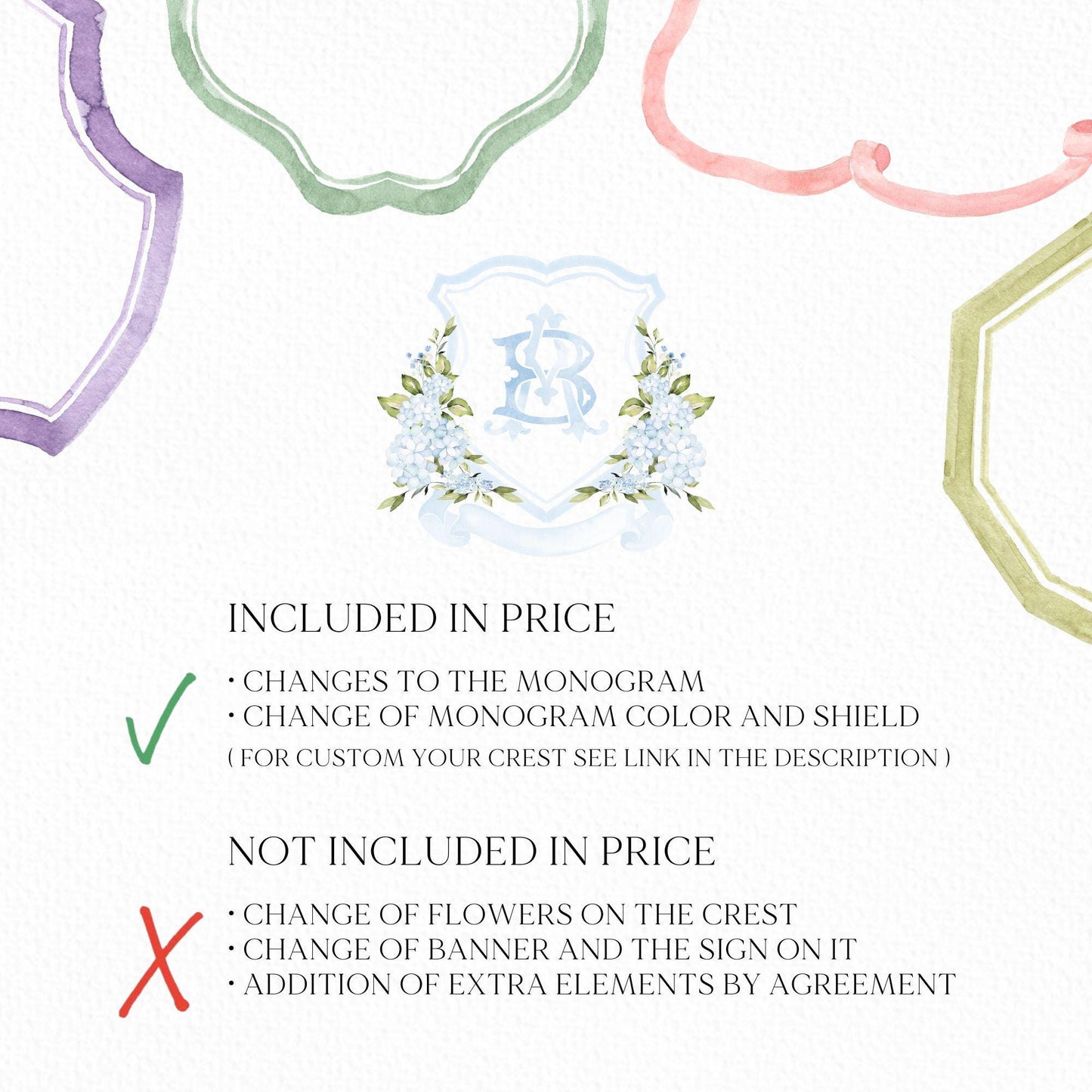 Light Blue Hydrangea Flower Wedding Crest - Monogram Crest - Hydrangea Floral Luxury Watercolor Wedding Crest - Romantic Wedding Crest