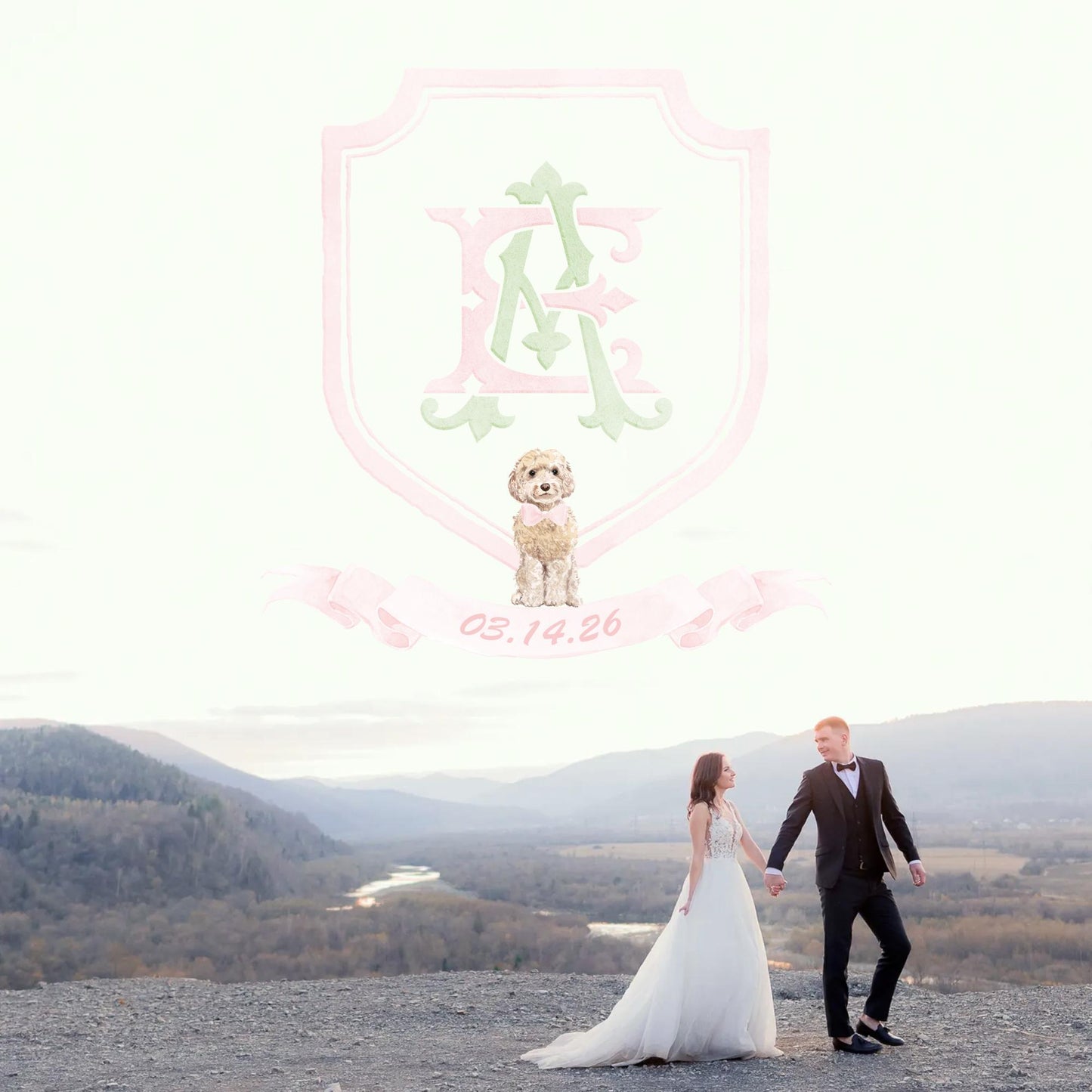 Watercolor Pink Classic Eucalyptus Ribbon Flower Wedding Crest - Monogram Crest -  Luxury Watercolor Wedding Crest - Romantic Wedding Crest