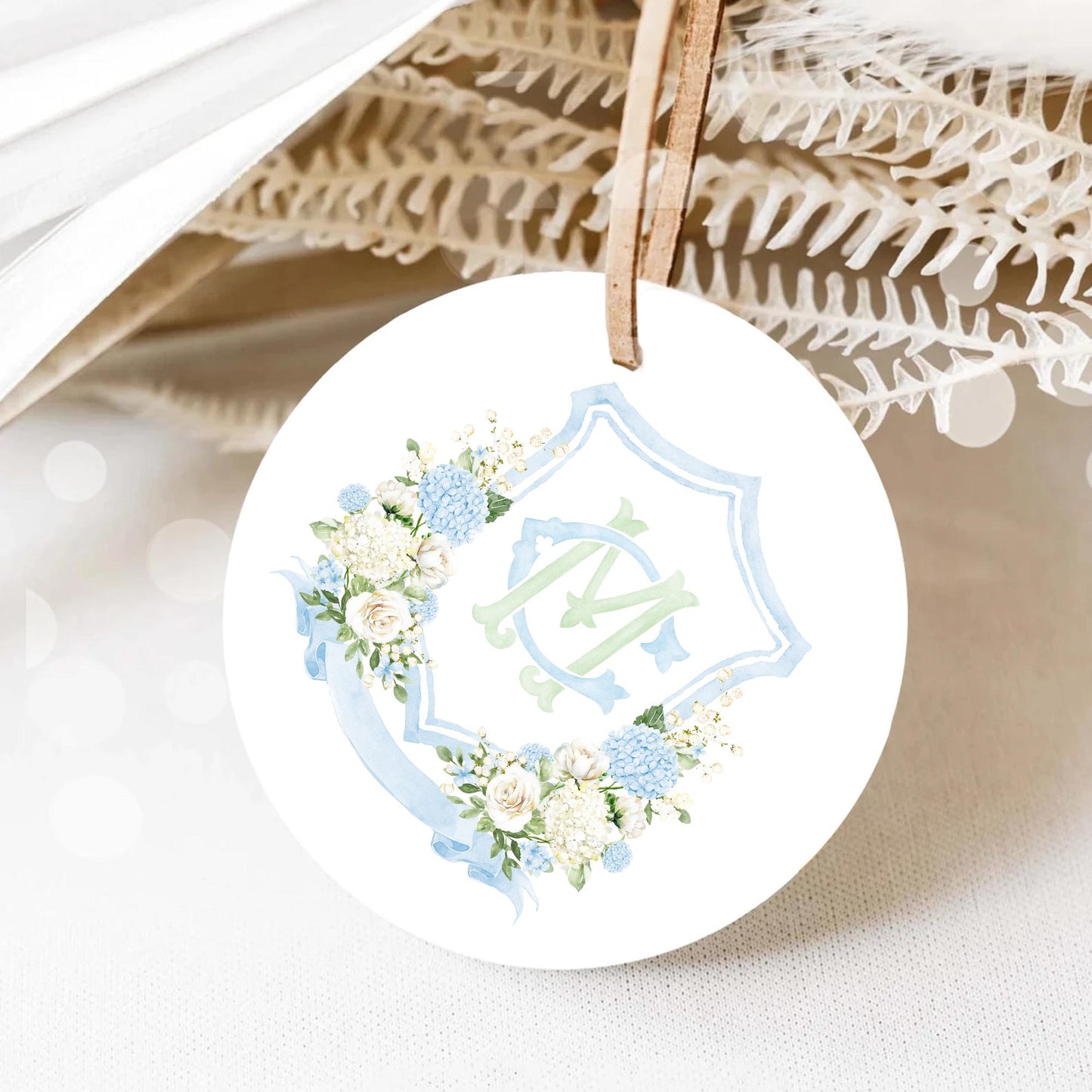Blue Hydrangea Roses Flower Greenery Wedding Crest - Monogram Crest - White Cream Roses Floral