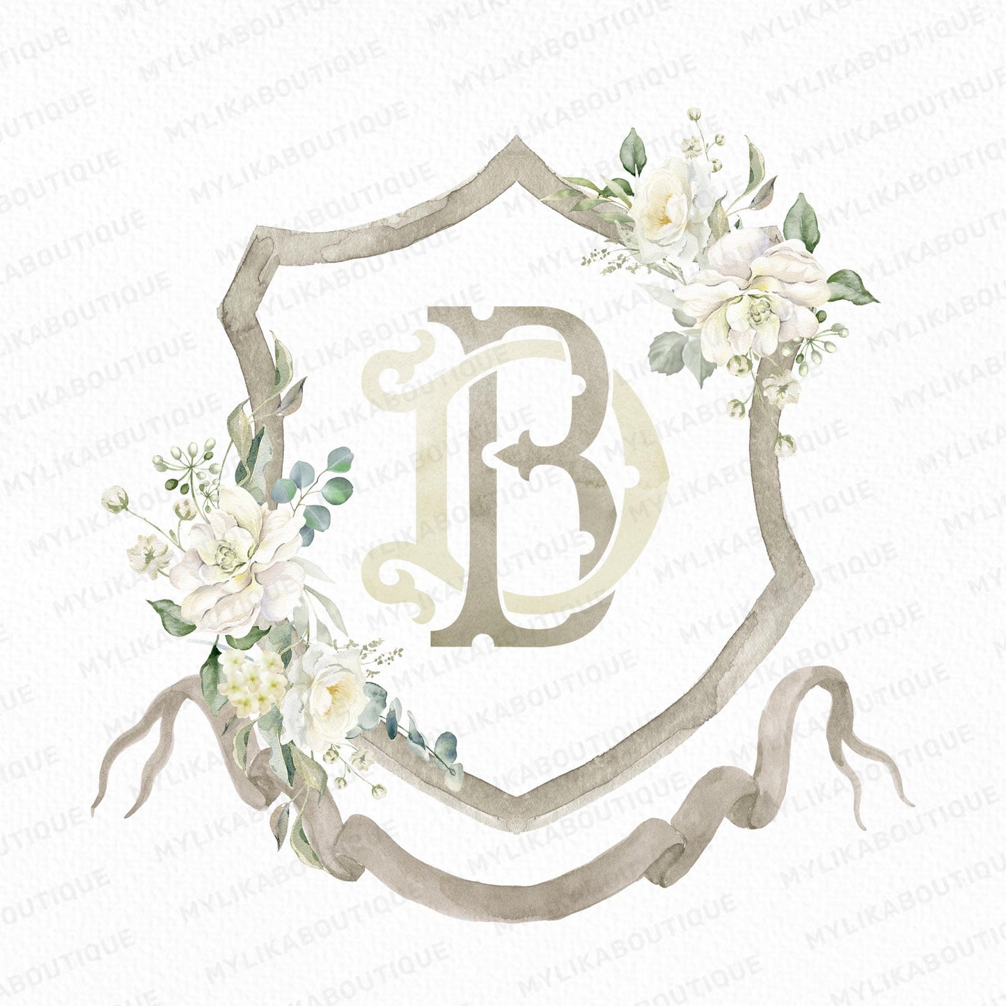 White Roses Flower Wedding Crest - Monogram Crest - White Floral Luxury Watercolor Wedding Crest - Romantic Wedding Crest - Boho Roses