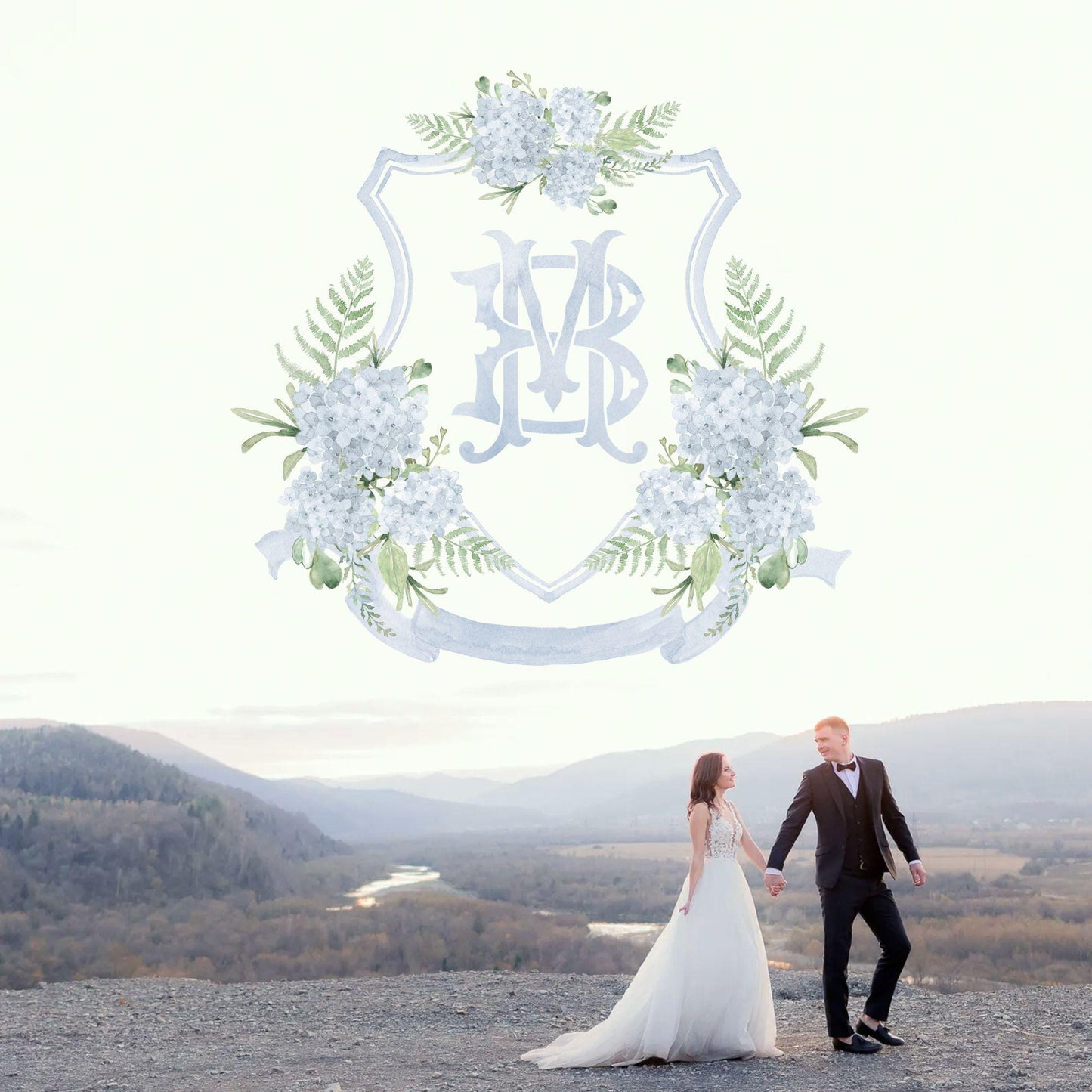 Blue Dusty Hydrangea Flower Wedding Crest - Monogram Crest - Hydrangea Floral Luxury Watercolor Wedding Crest - Romantic Wedding Crest