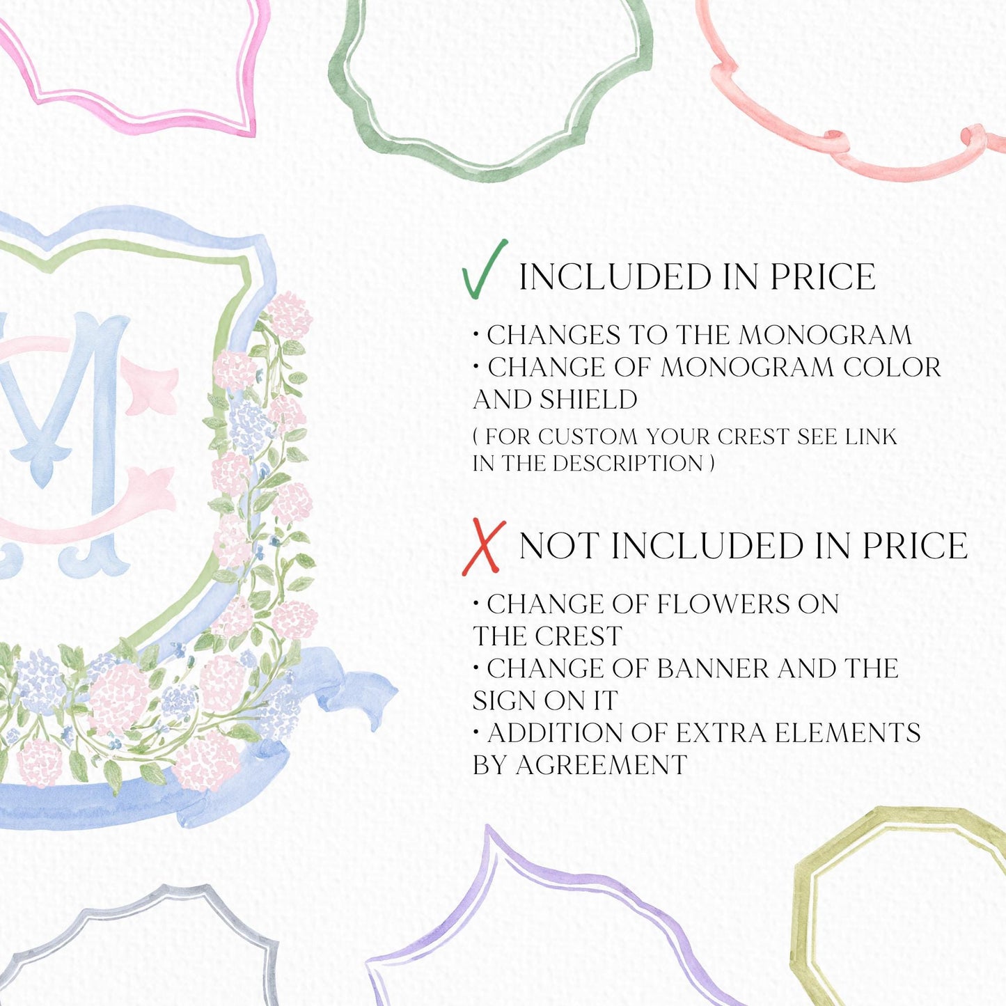 Pink Light Blue Hydrangea Flower Wedding Crest - Monogram Crest - Blue Hydrangea Floral Watercolor Wedding Crest - Romantic Wedding Crest