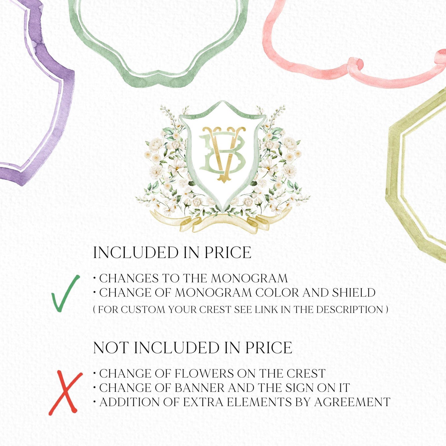 White Rose Greenery White Flower Wedding Crest - Monogram Crest - White Floral Watercolor Wedding Crest - Romantic Wedding Crest