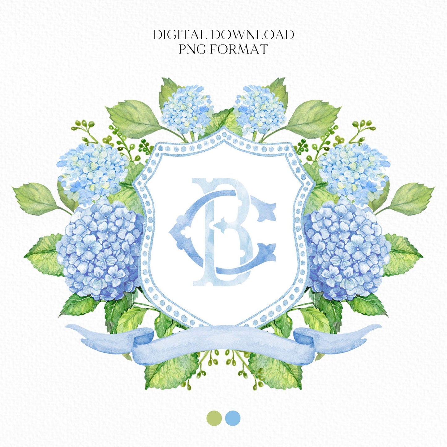 Hydrangea Blue Wedding Crest - Monogram Crest - Hydrangea Floral Luxury Watercolor Wedding Crest - Romantic Wedding Crest