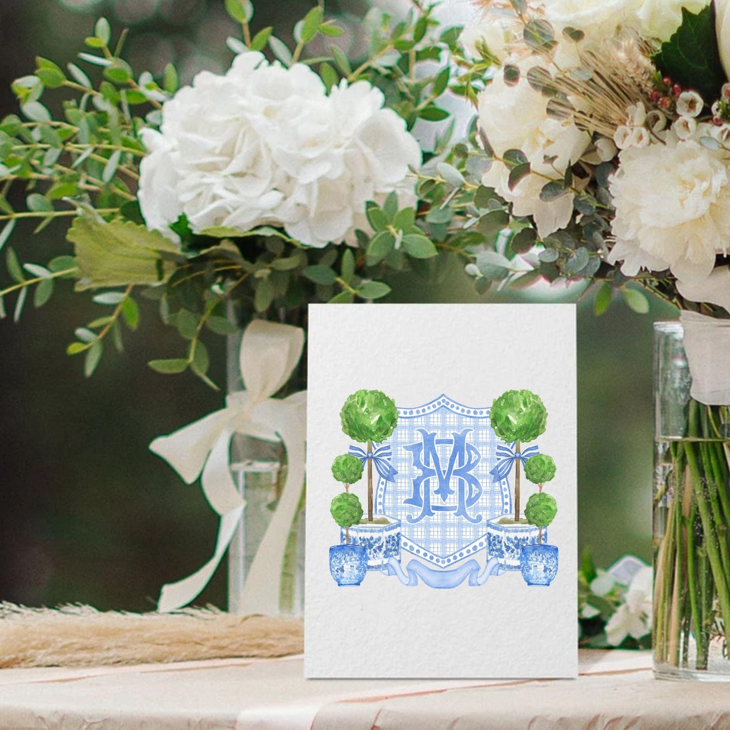 Chinoiserie Blue Topiary Wedding Crest - Monogram Crest - Chinoiserie Blue Watercolor Wedding Crest Romantic Wedding Crest