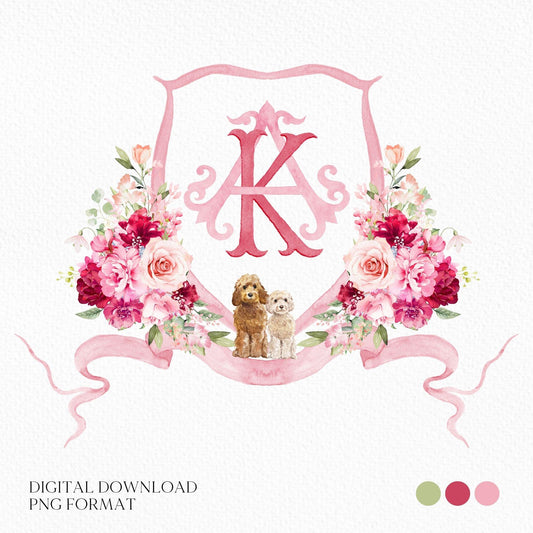Hot Pink Flower Wedding Crest - Monogram Crest - blush pink Floral Luxury Watercolor Wedding Crest - Romantic Wedding Crest