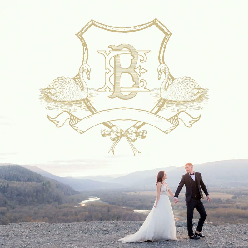 Vintage Swans Gold Wedding Crest Bow Crest