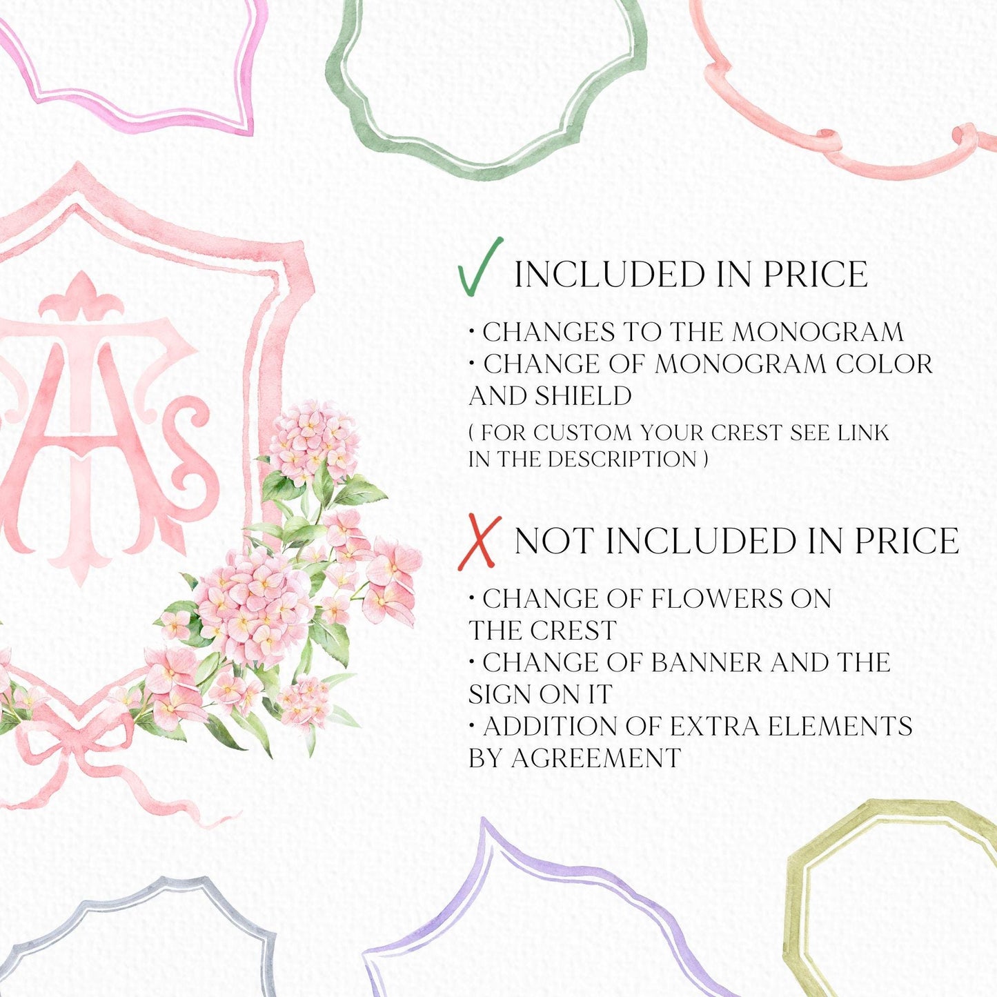Pink Hydrangea Flower Wedding Crest - Monogram Crest - Light Pink Hydrangea Floral Luxury Watercolor Wedding Crest - Romantic Wedding Crest