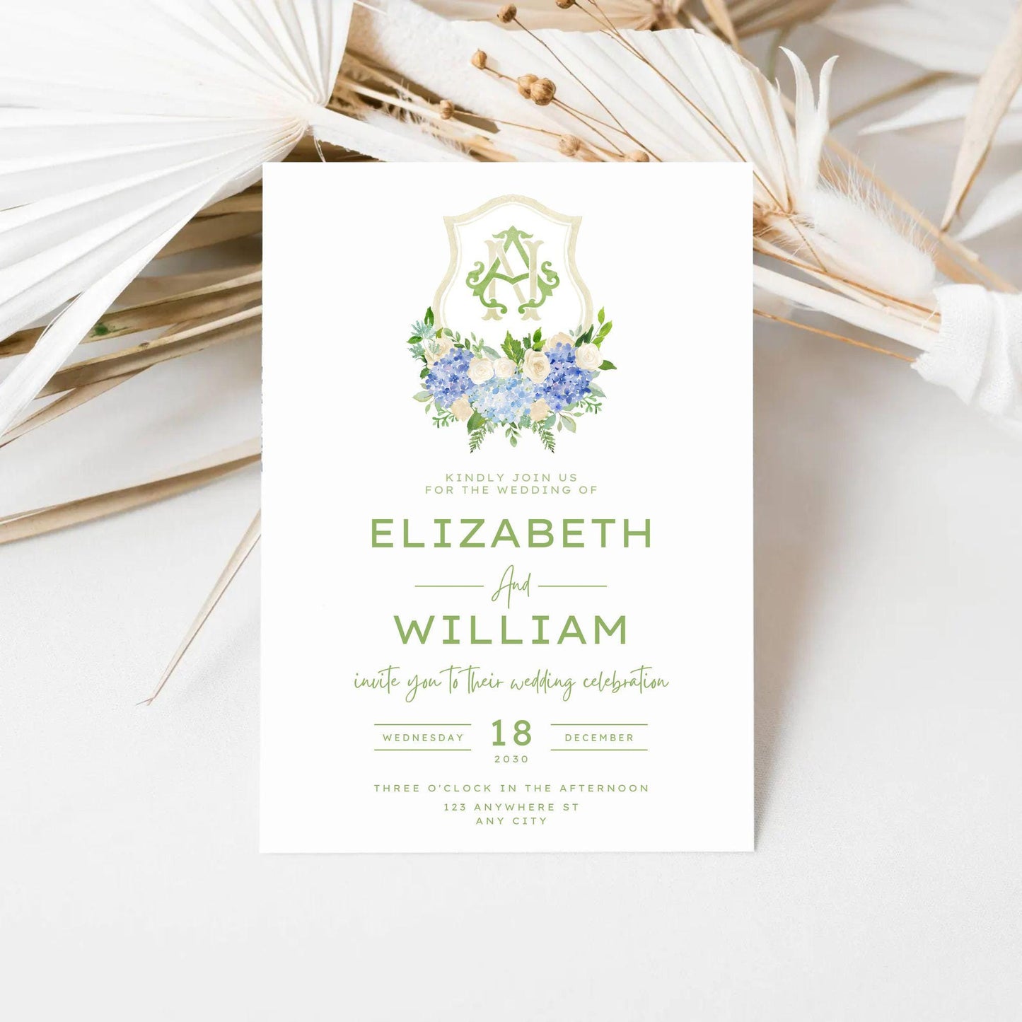 Hydrangea Flower Wedding Crest - Monogram Crest - Hydrangea Floral Blue Watercolor Wedding Crest - Romantic Wedding Crest - Boho Hydrangea
