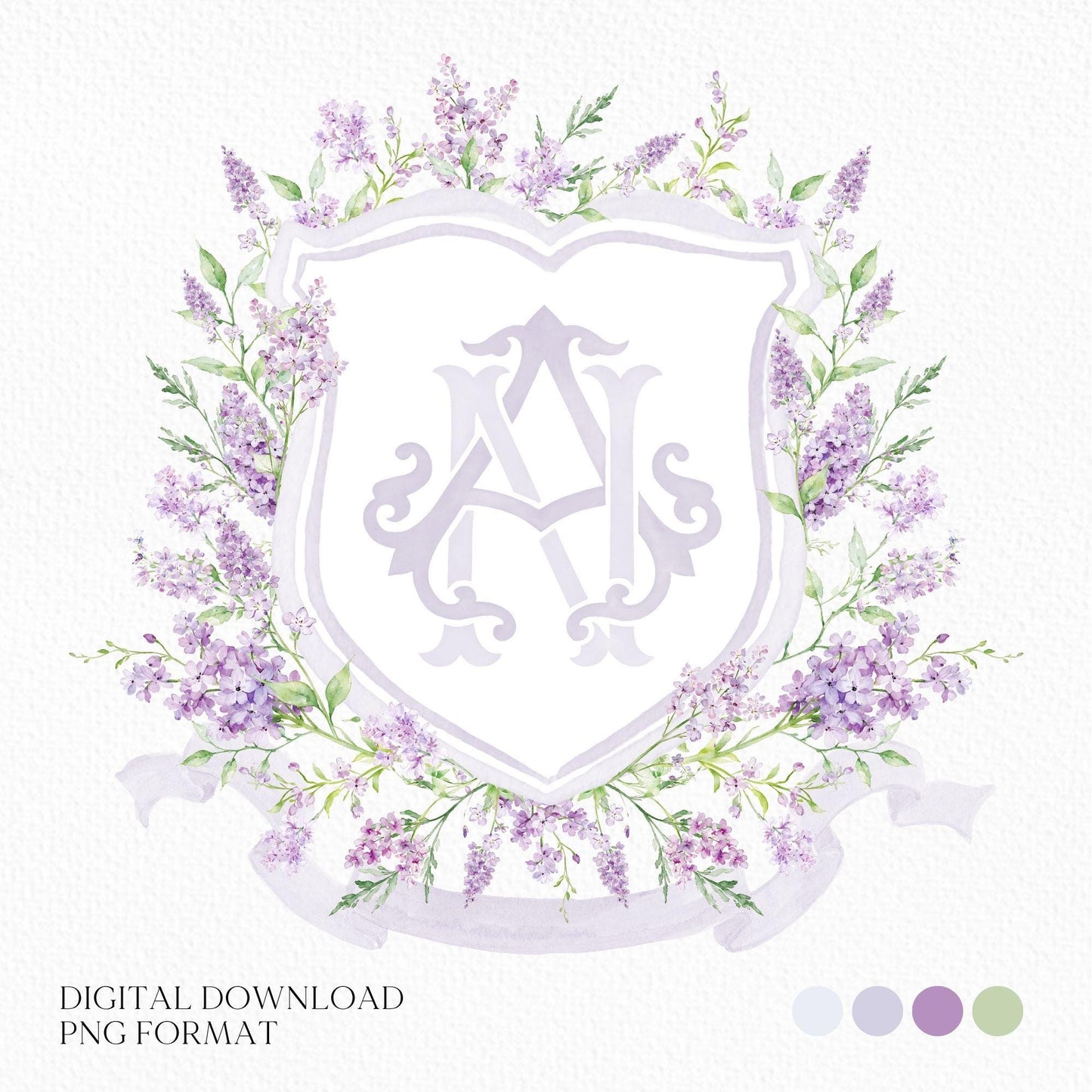 Lilac Lavender Purple Flower Wedding Crest - Monogram Crest - lavender purple Floral Luxury Watercolor Wedding Crest, Romantic Wedding Crest