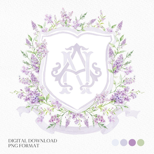 Lilac Lavender Purple Flower Wedding Crest - Monogram Crest - lavender purple Floral Luxury Watercolor Wedding Crest, Romantic Wedding Crest