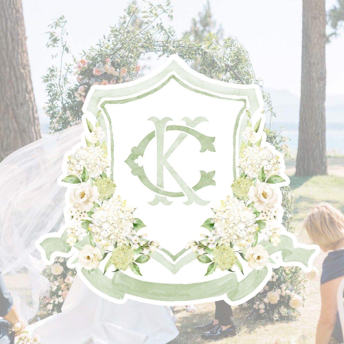 Green White Blue Hydrangea Flower Wedding Crest - Monogram Crest - Hydrangea Floral Luxury Watercolor Wedding Crest - Romantic Wedding Crest