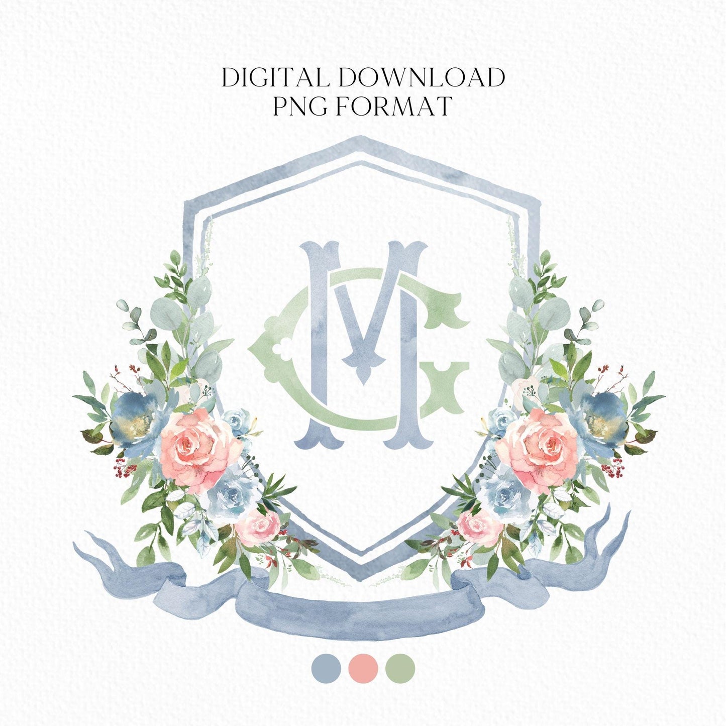 Pink & Blue Flower Wedding Crest - Monogram Crest - Roses Floral Luxury Watercolor Wedding Crest - Romantic Wedding Crest