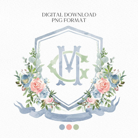 Pink & Blue Flower Wedding Crest - Monogram Crest - Roses Floral Luxury Watercolor Wedding Crest - Romantic Wedding Crest
