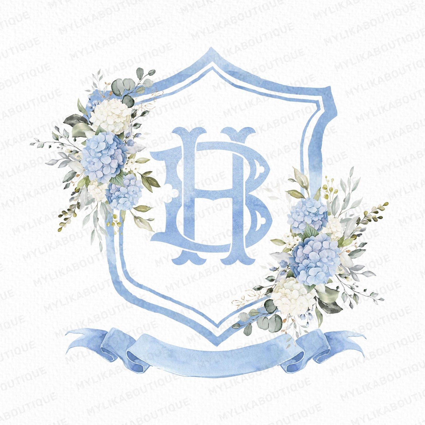 Hydrangea Flower Wedding Crest - Monogram Crest - Hydrangea Floral Luxury Watercolor Wedding Crest - Romantic Wedding Crest- Boho Hydrangea