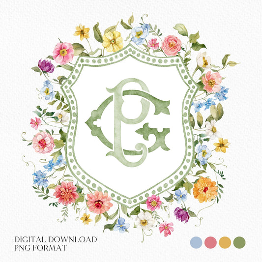 Wildflowers Bright Floral Colorful Watercolor Wedding Crest - Monogram Crest - Floral Watercolor Wedding Crest - Romantic Wedding Crest