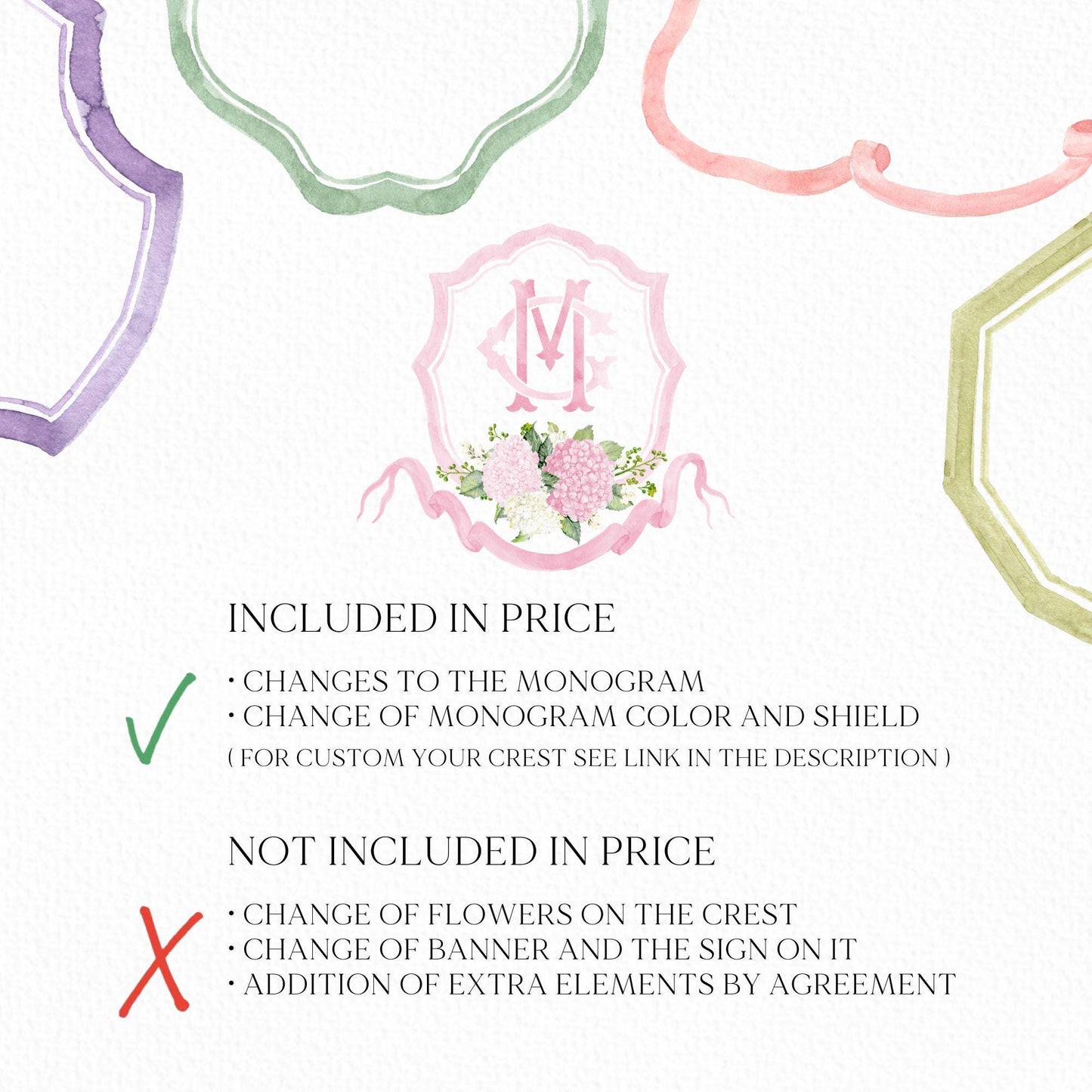 Pink Hydrangea Flower Wedding Crest - Monogram Crest - White Hydrangea Floral Luxury Watercolor Wedding Crest - Romantic Wedding Crest