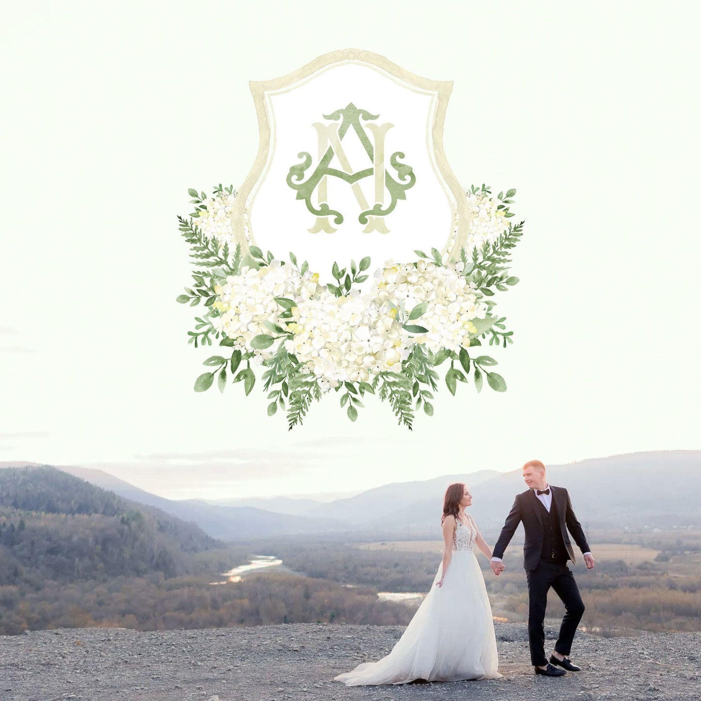 White Hydrangea Flower Greenery Wedding Crest - Monogram Crest - Hydrangea Floral Luxury Watercolor Wedding Crest - Romantic Wedding Crest