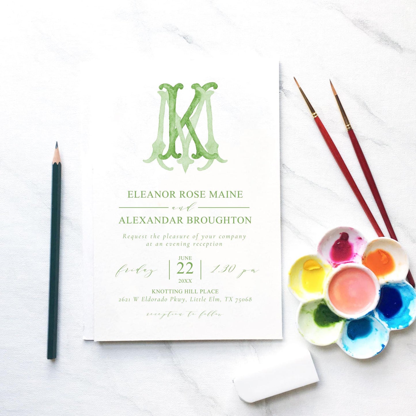 Watercolor Wedding Monogram - Green MK Initial Design (Digital Download)