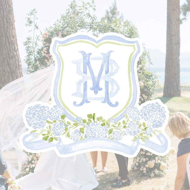Watercolor Hydrangea Wedding Crest – Light Blue Floral Monogram (Digital Download)