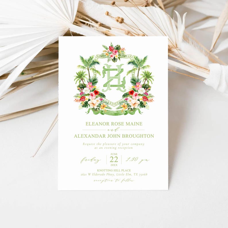 Tropical Palm Watercolor Flowers Wedding Crest - Monogram Crest - Watercolor Palm Springs Wedding Crest - Romantic Wedding