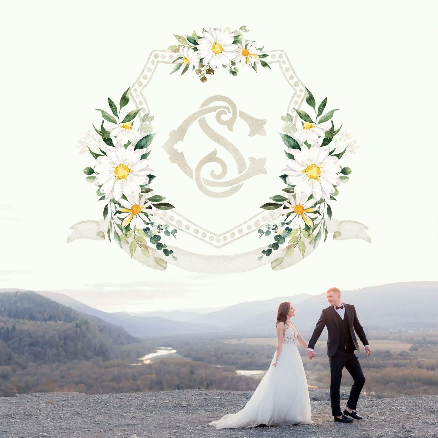 Daisy Greenery Flower Wedding Crest - Monogram Crest - Daisy Floral Luxury Watercolor Wedding Crest - Romantic Wedding Crest